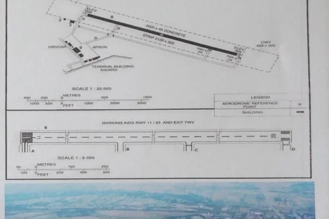 Plan de referință al aerodromului și vedere aeriană a pistei, folosite într-o lucrare aeroportuară